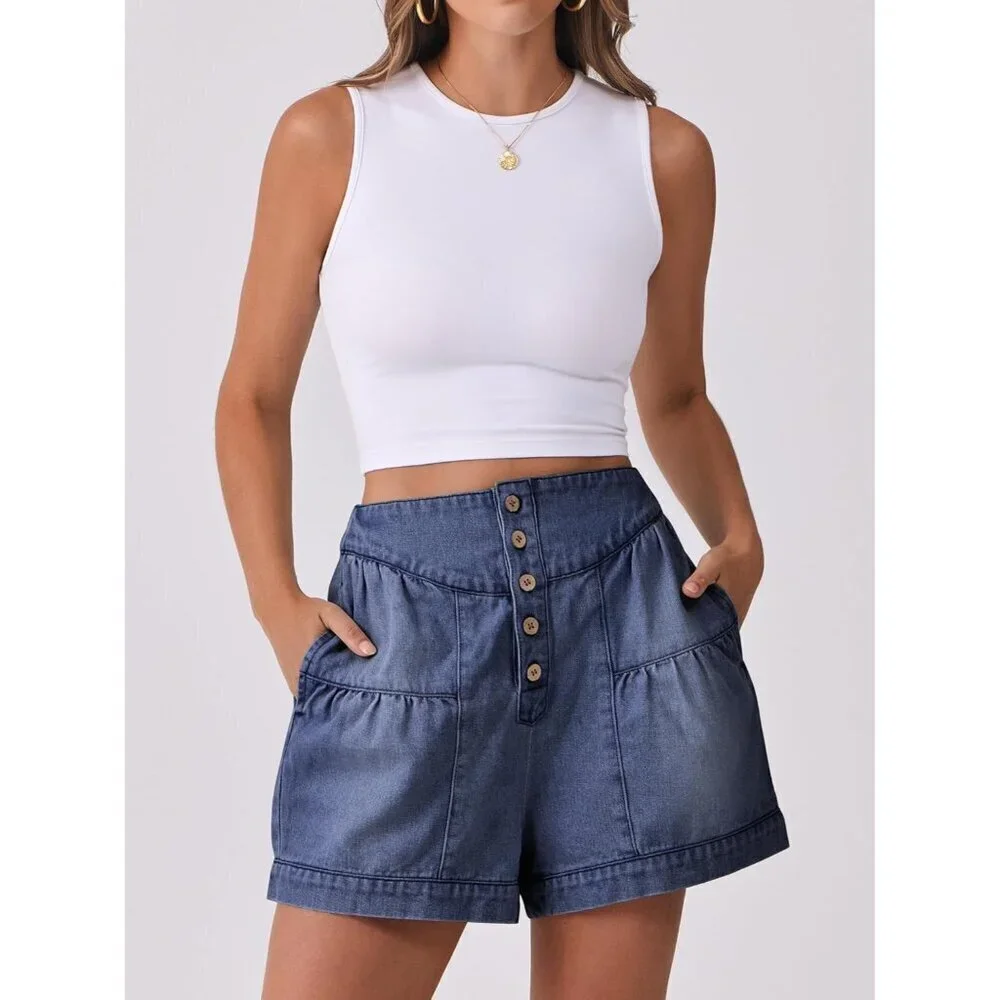 Women's Denim Shorts High Waist Baggy Wide Leg Casual Button Up Flowy